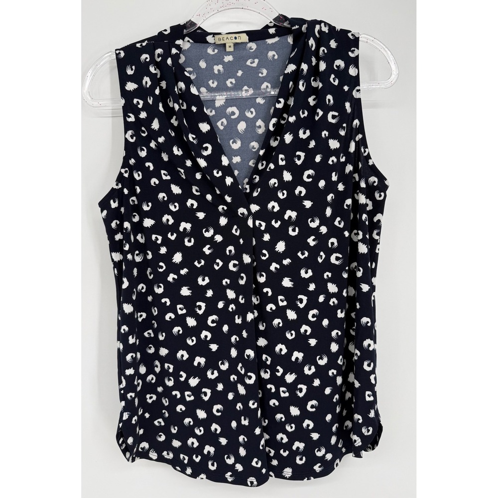 Beacon Womens Navy Blue White Abstract Leopard Shawl Collar Blouse Sz M